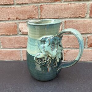 Studio Pottery Floral Pitcher Medium Salt Green Glazed Stoneware Art Deco Signed